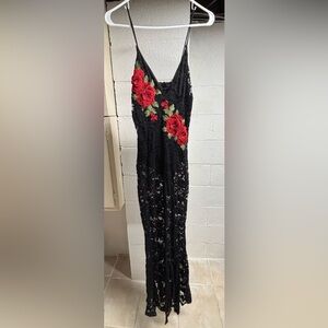 Jasmine Black Floral Lace Camisole Bodysuit Dress with Red Embroidered Roses
